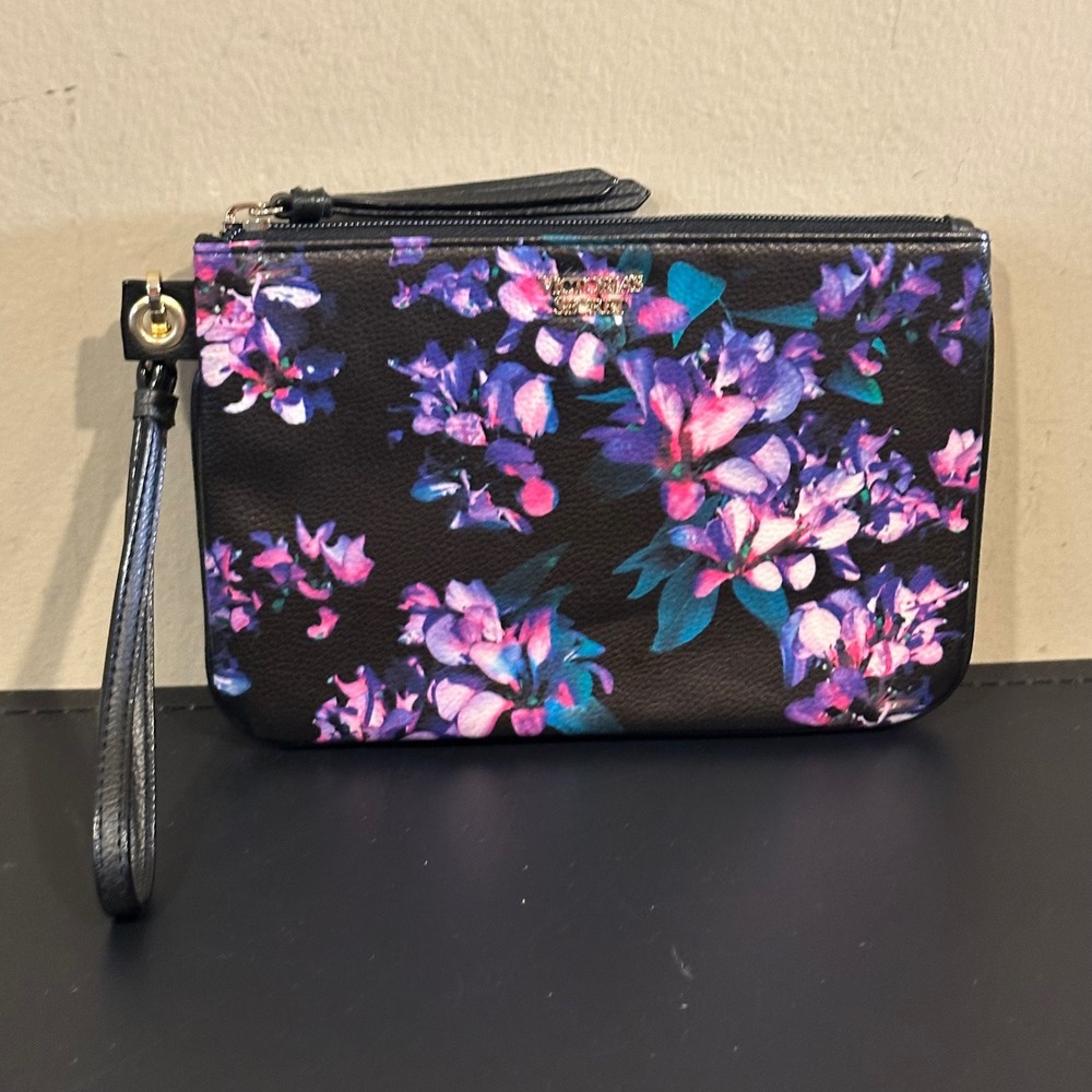 Victorias Secret Black Floral Pebbled Faux Leather Wristlet Clutch Bag